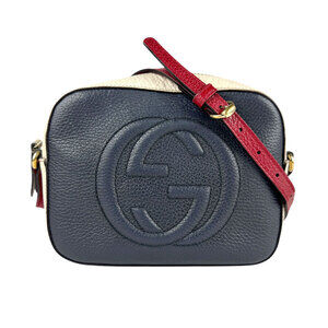 Gucci Soho Disco Shoulder Bag Leather Navy Blue Ivory White Red